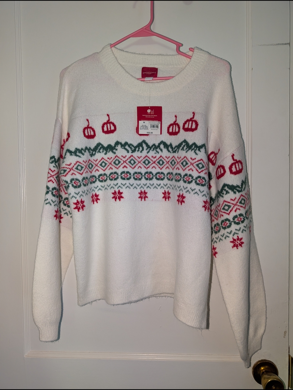 Wondershop White Crewneck Sweater with Red & Green Fair Isle Motif